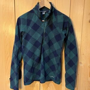 Eddie Bauer Women's Green and Navy Checkered Fleece Sweater
